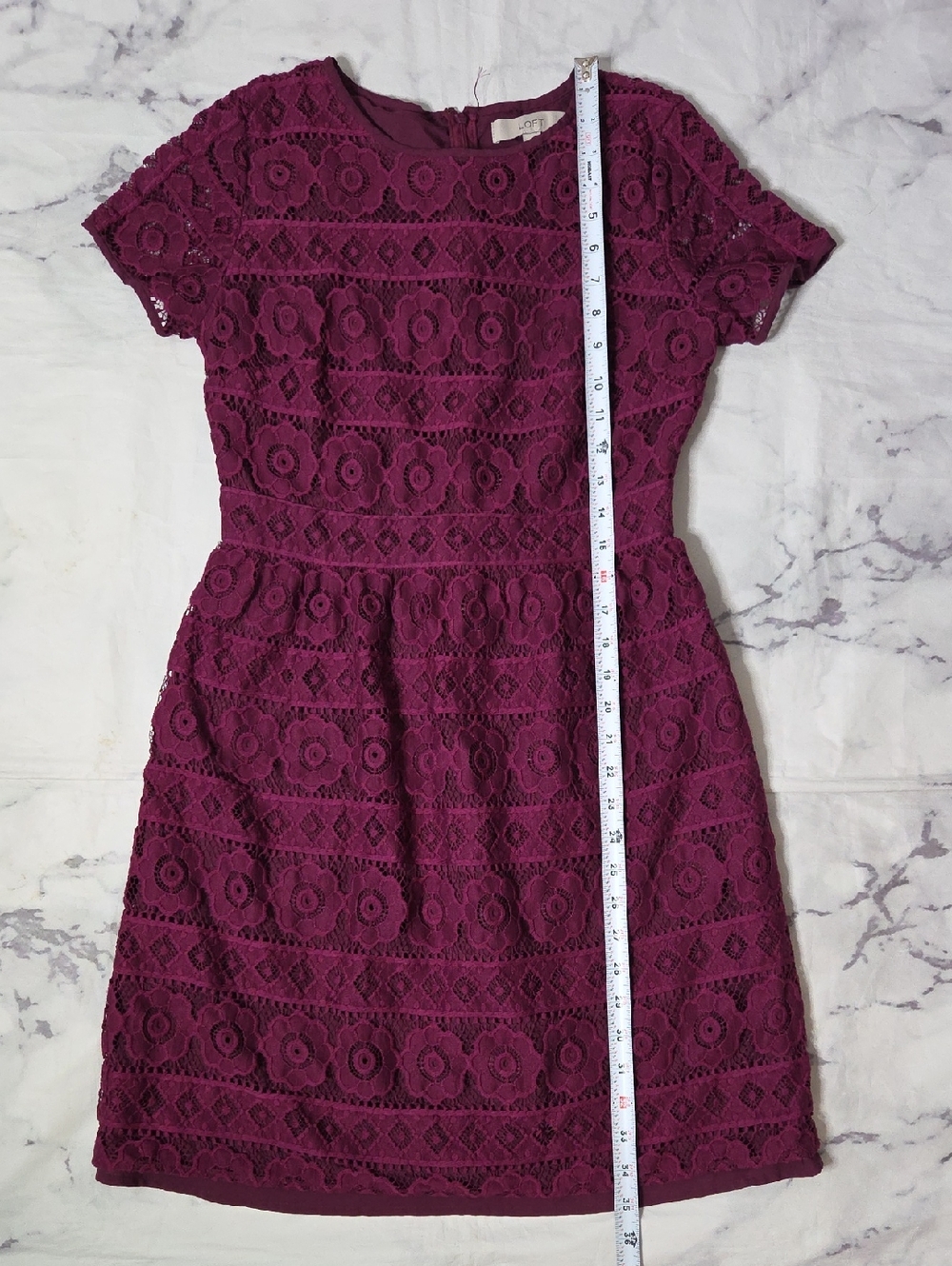 Loft Maroon Floral Lace Short-Sleeve Sheath Dress - Picture 5 of 8